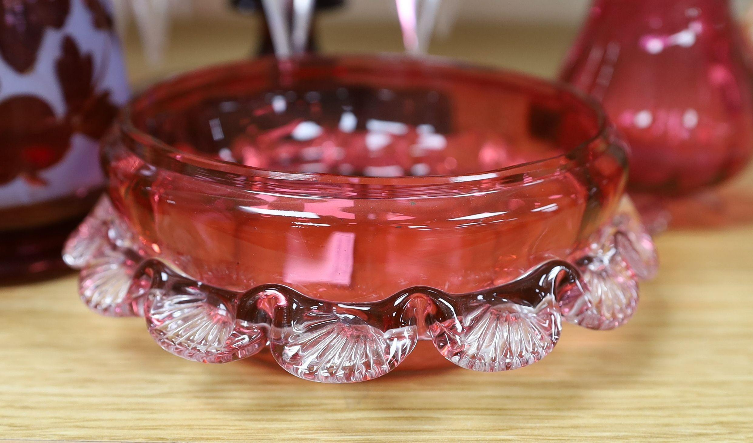 A Victorian ruby glass table lustre, cranberry glassware etc (10) tallest 27cm